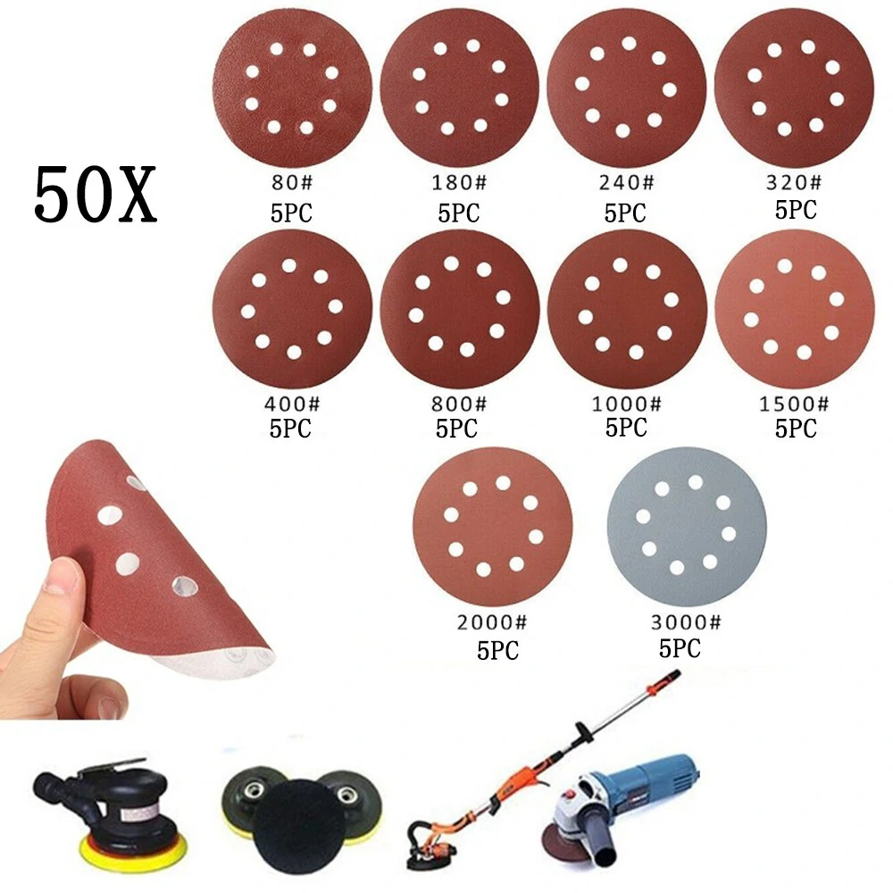 (image for) 50PC 5 Inch 125mm 8 Holes Abrasive Sand Discs 80 180 240 320 400 800 1000 1500 2000 3000 Grit Sanding Papers