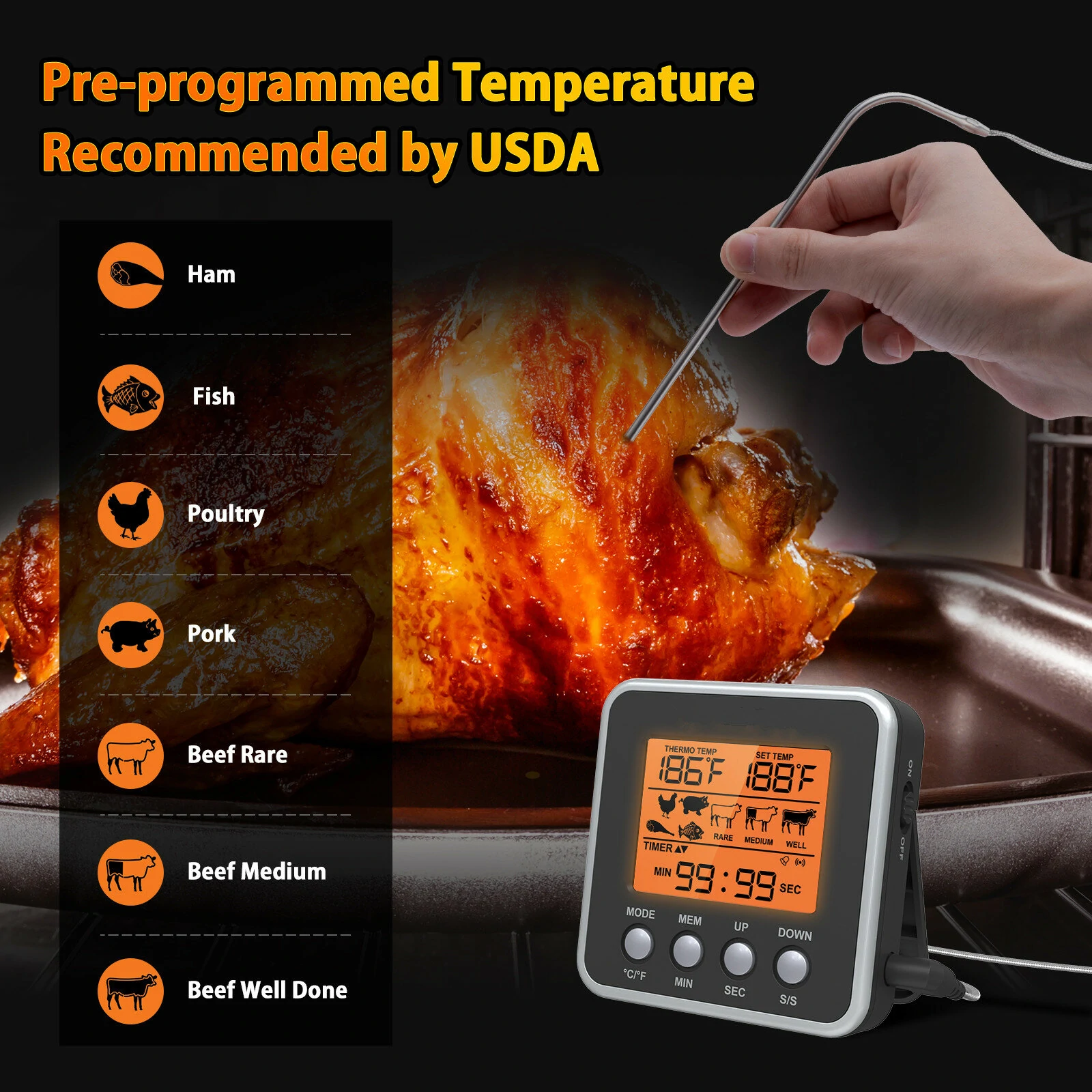 (image for) AGSIVO Digital Food Oven Meat Thermometer With Probe Timer Alert Backlight Outdoor Grill Cook Barbecue Kitchen Cooking BBQ Thermometer