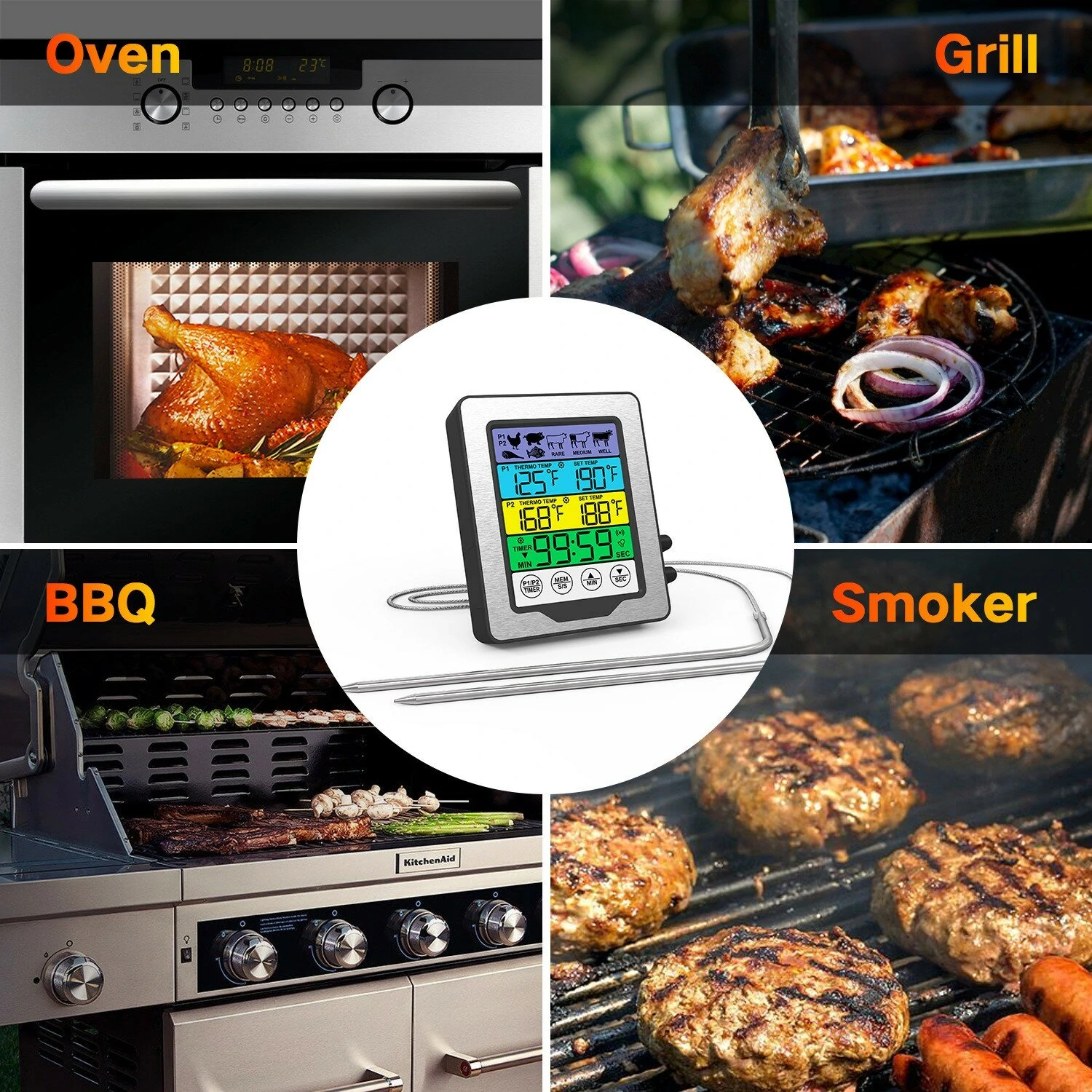 (image for) Dual Probe Large Colorful Touchscreen Food Meat Thermometer Kitchen Cooking BBQ Thermometer High Temperature Alarm Fahrenheit or Celsius Preset Temperature With Stand